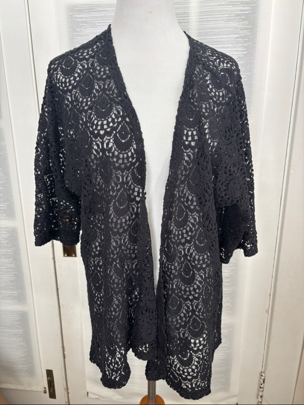 Black Crochet Open Front Kimono